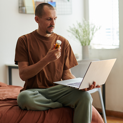 Man holding pill bottle with laptop